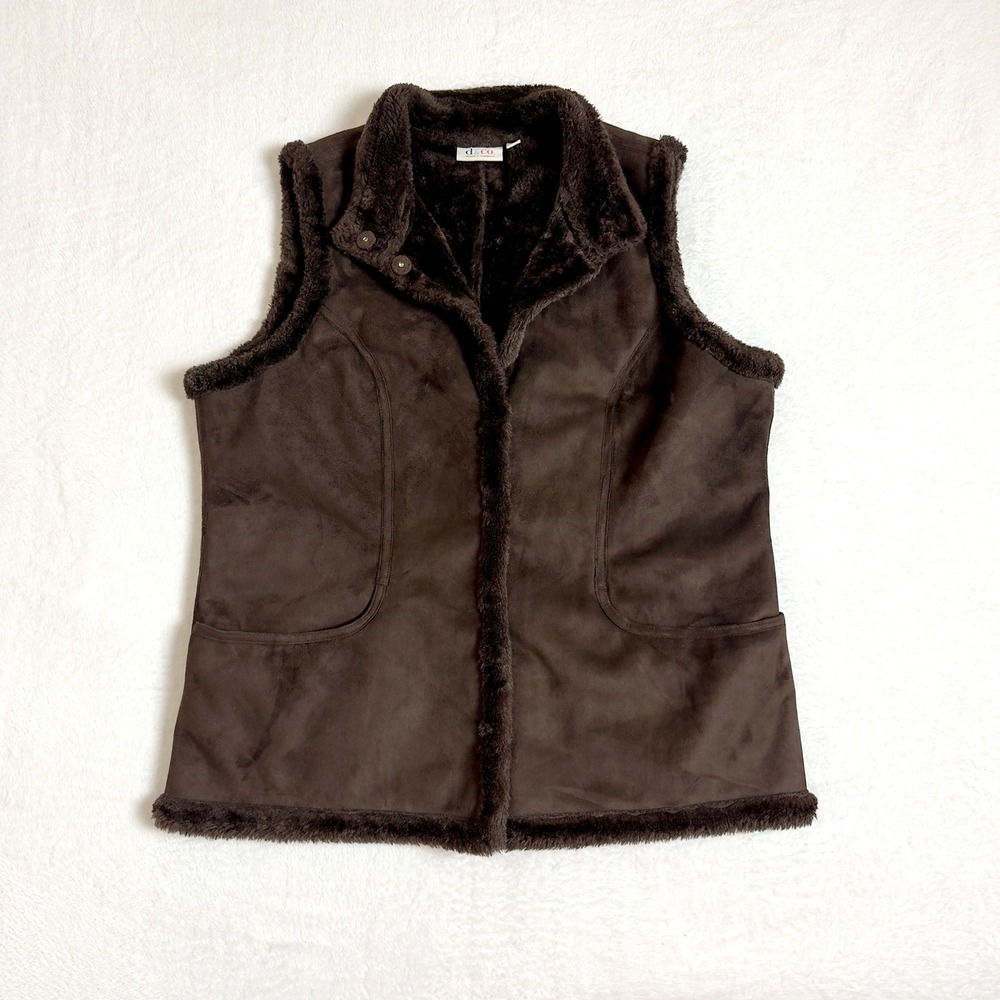 Denim & Co Vest Womens XL Brown Faux Suede Faux Fur Sherpa Lined Snap Pockets
